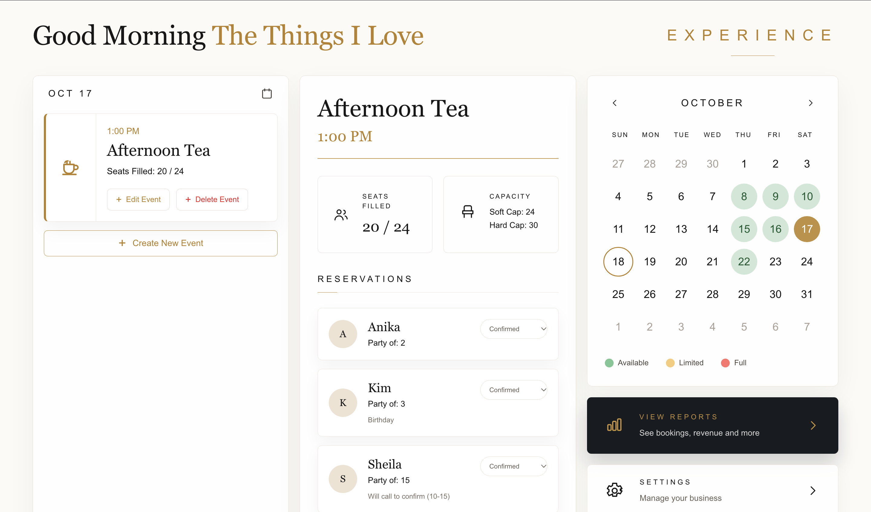 Experience business client dashboard showing the management interface