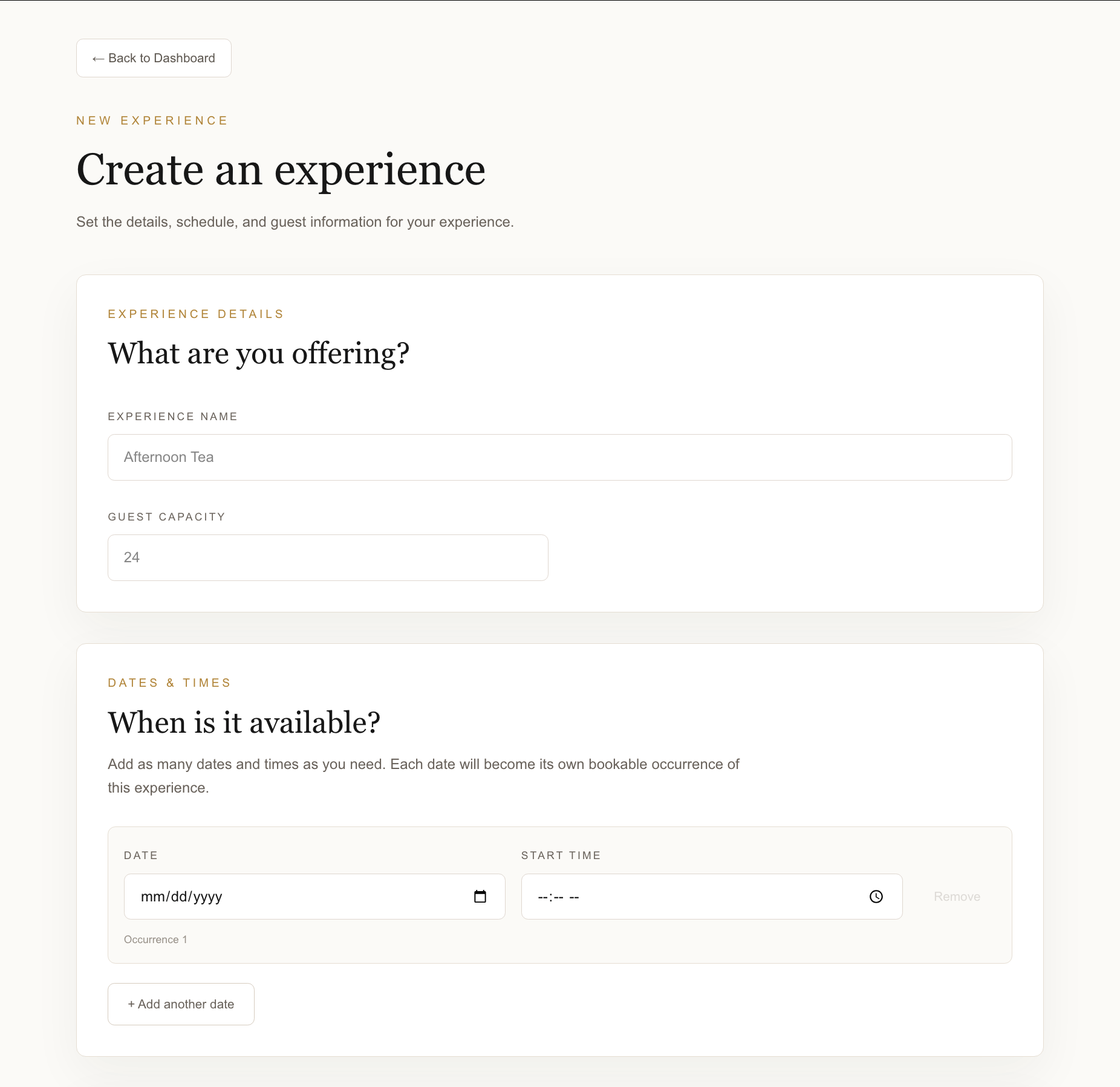 Event creation interface